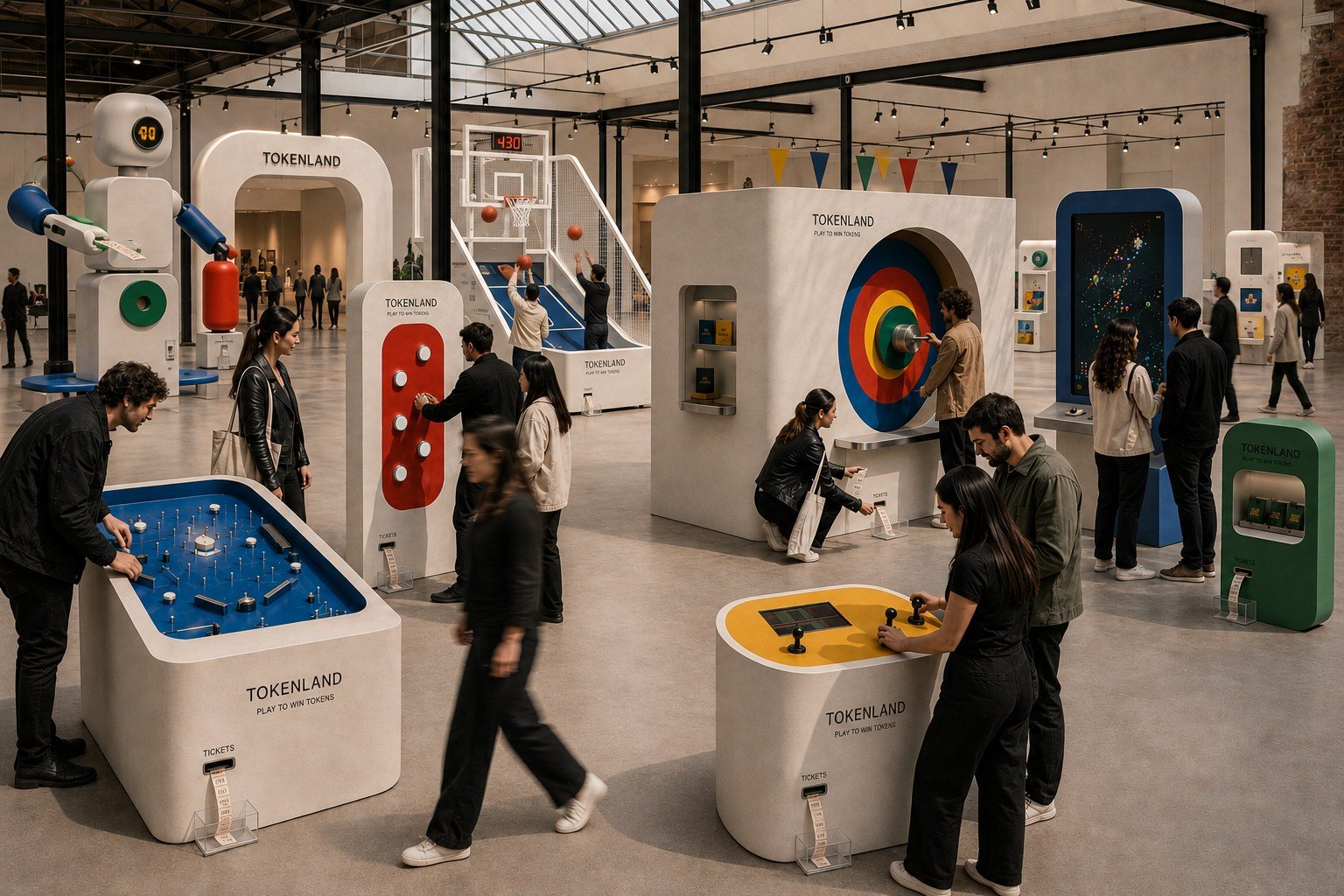 Concept render: Tokenland™ in an industrial hall with skylights — arcade machines, a basketball game, a robot ticket dispenser and visitors playing.